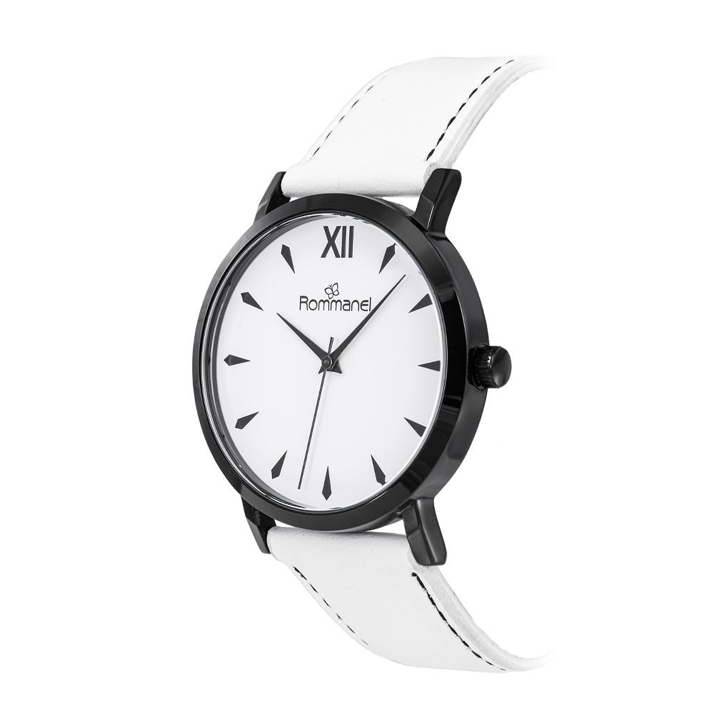 RELÓGIO ANALÓGICO SOCIAL PRETO COM BRANCO COM PULSEIRA DE COURO SINTÉTICO
