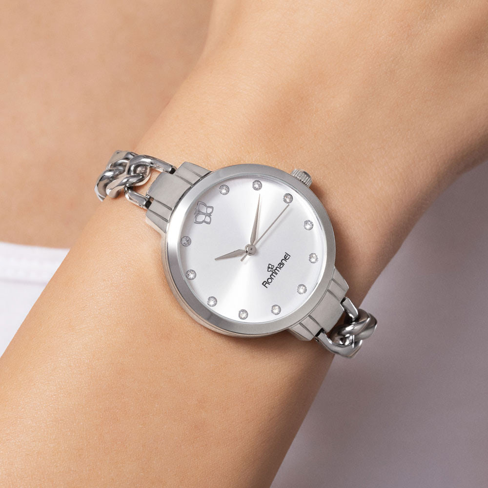 RELÓGIO ANALÓGICO SOCIAL PRATA COM CRISTAIS